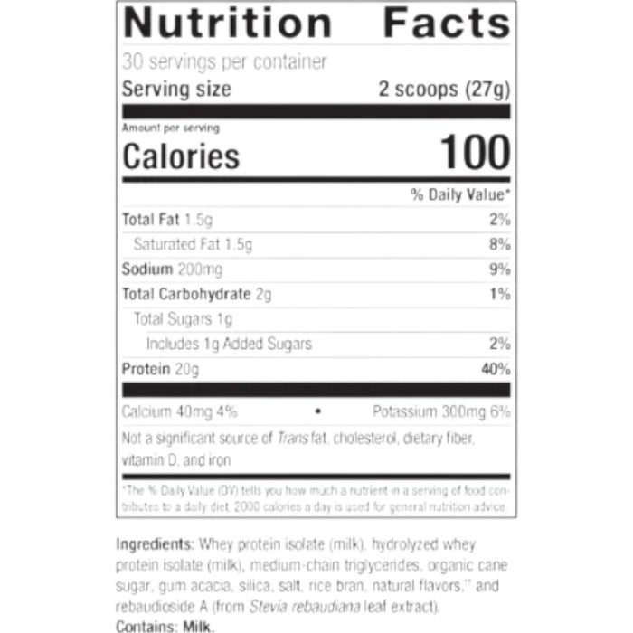 Nutrition facts label for a protein product with serving size, calories, and ingredient list.