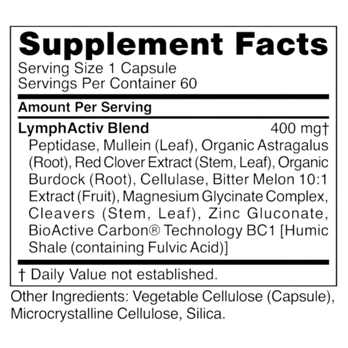 LymphActiv 60 capsules Supplement Facts Label