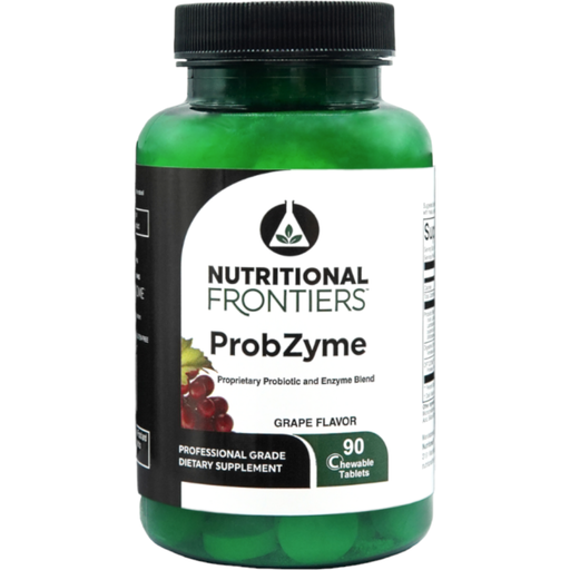 A bottle of Nutritional Frontiers ProbZyme chewable tabs with grape flavor, containing 90 vegetarian tablets.