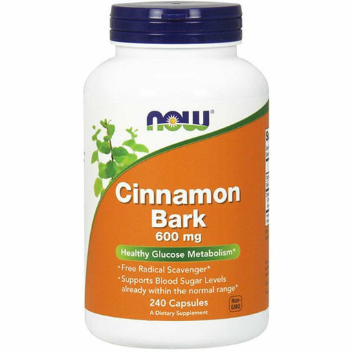 Supplement bottle labeled 'Cinnamon Bark 600 mg' by NOW on a white background