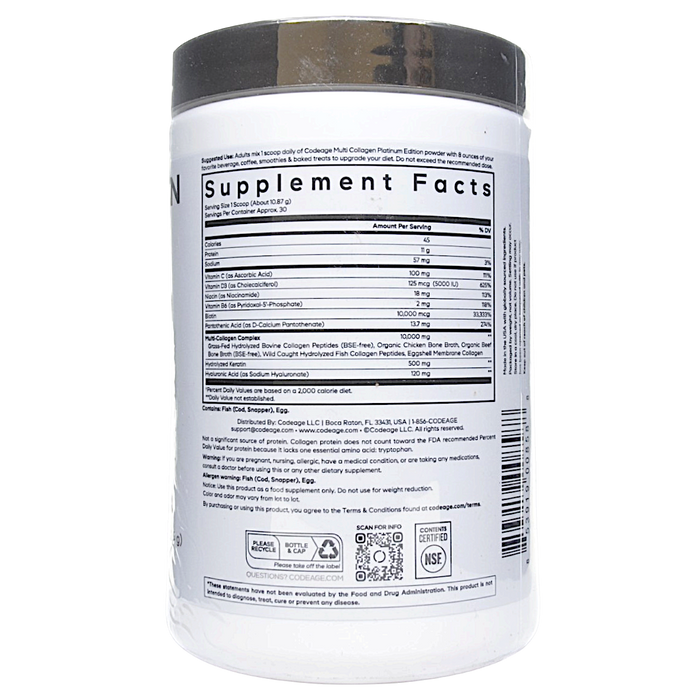 CodeAge Multi Collagen Powder Platinum 11.5 oz supplement facts label