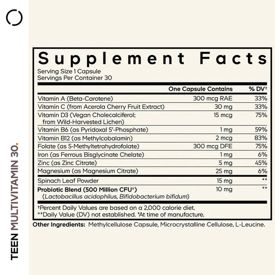 CodeAge Teen Multivitamin 30 capsules supplement facts label
