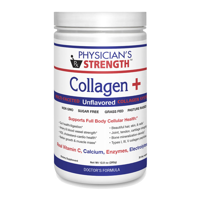 Physician's Strength Collagen + dietary supplement bottle on a plain white background.