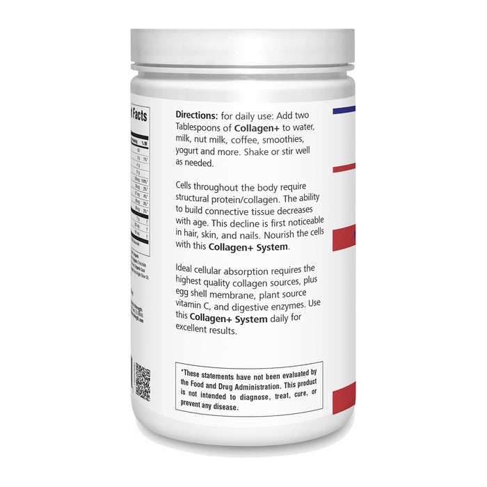 White plastic bottle of Collagen+ dietary supplement shown from the back, featuring a white cap, a white label with black text, and small red and blue accent stripes on the right side.