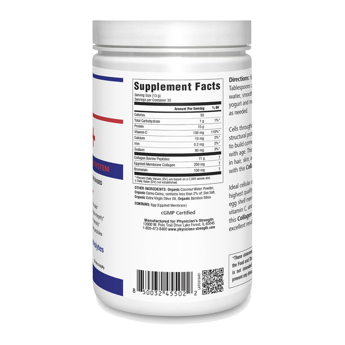 A white plastic bottle of supplement powder shown from the back, displaying the Supplement Facts label, nutrition panel, directions, ingredients, and a QR code on a plain white background.