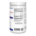A white plastic bottle of supplement powder shown from the back, displaying the Supplement Facts label, nutrition panel, directions, ingredients, and a QR code on a plain white background.