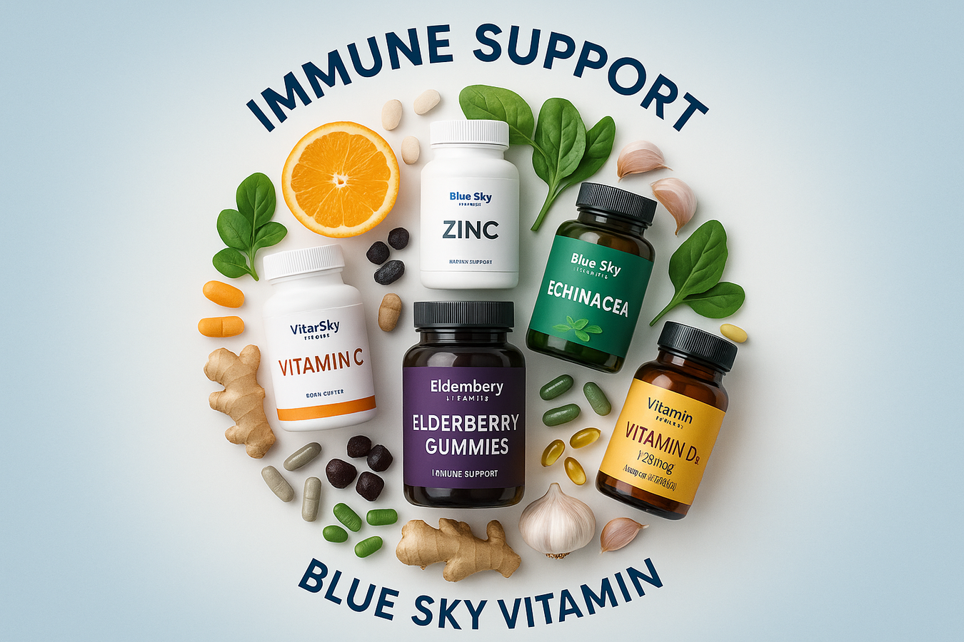 create a circular image representing our immune support health supplement collection and include real immune support supplement products