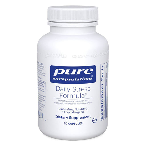 A bottle of Pure Encapsulations Daily Stress Formula dietary supplement with 90 capsules.