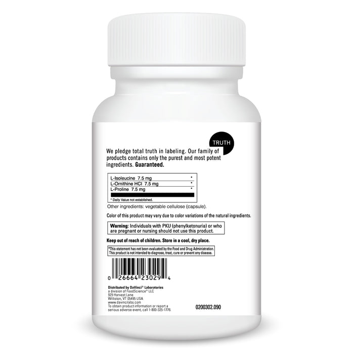 DaVinci Labs Amino 21 90 capsules supplement facts label, continued