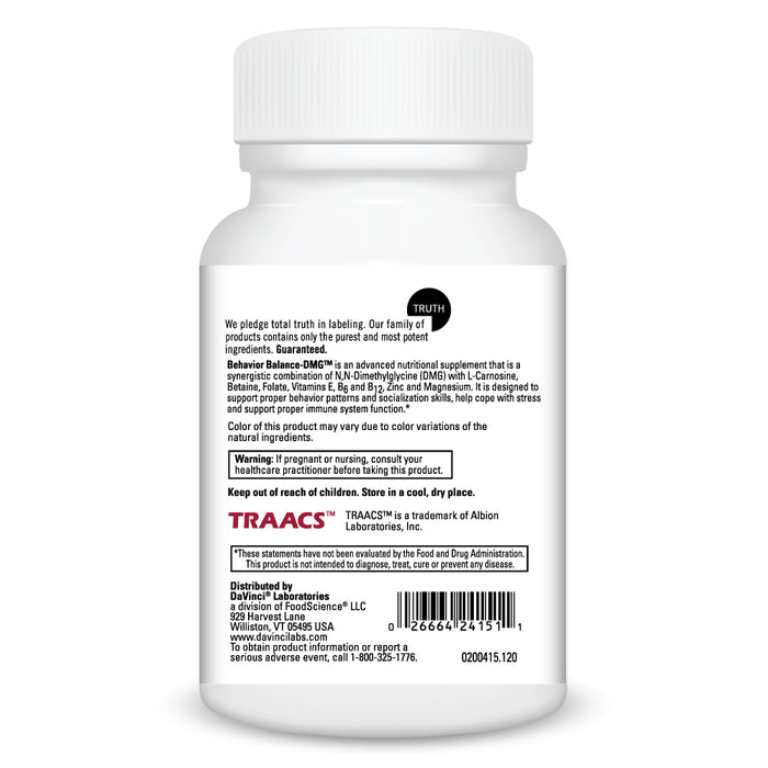 DaVinci Labs Behavior Balance-DMG 120 capsules warnings label