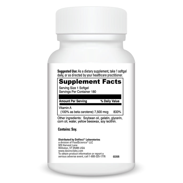 DaVinci Labs Beta Carotene 25,000 IU 180 softgels supplement facts label