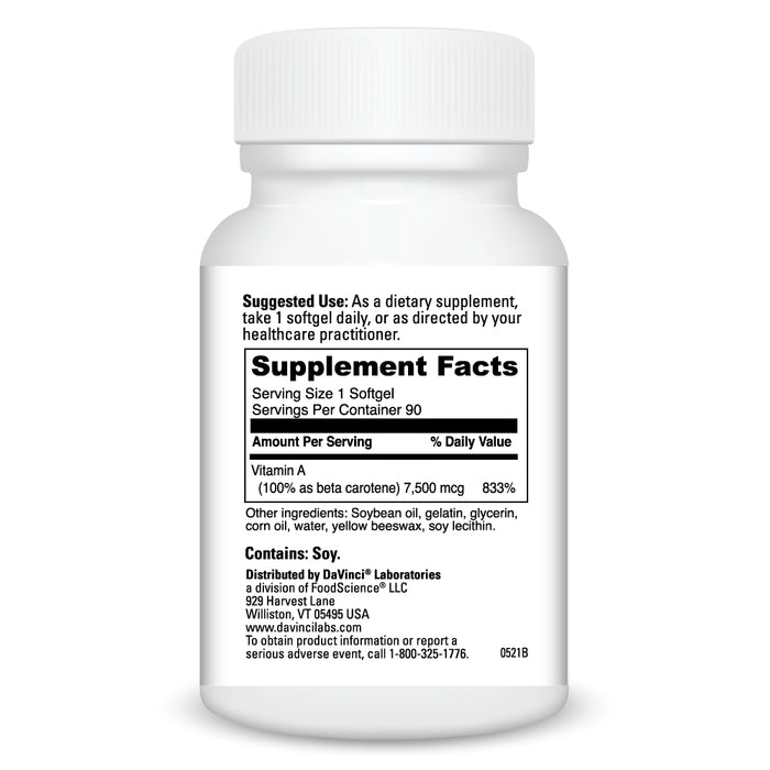 DaVinci Labs Beta Carotene 25,000 IU 90 softgels supplement facts label