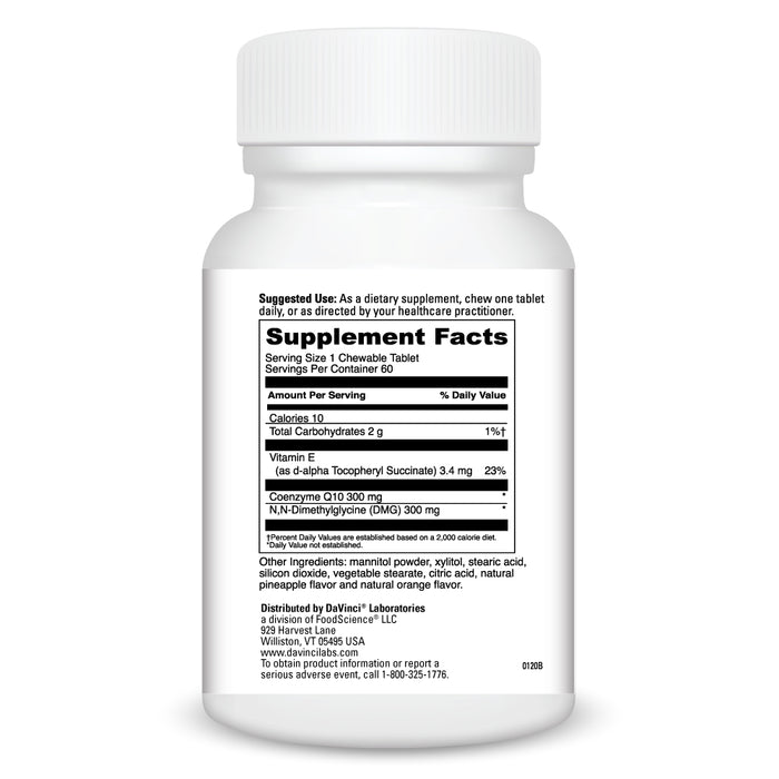 DaVinci Labs CoQ10-DMG 300/300 Orange 60 chewables supplement facts label