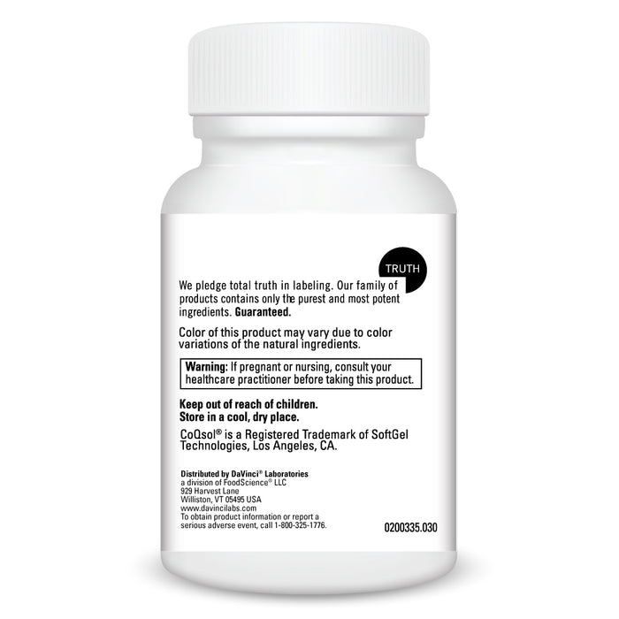 DaVinci Labs CoQsol 100 mg 30 softgels warnings label