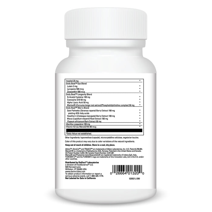 DaVinci Labs Daily Best Men 90 capsules supplement facts label, continued