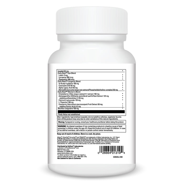 DaVinci Labs Daily Best Women 90 capsules supplement facts label, continued