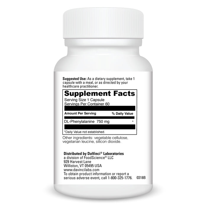 DaVinci Labs DL-Phenylalanine 750 mg 60 veg capsules supplement facts label