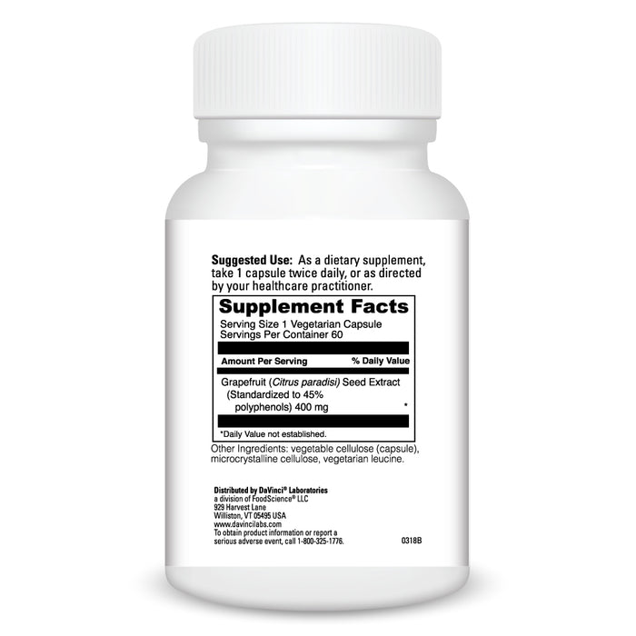 DaVinci Labs Grapefruit Seed Extract 400 mg 60 veg capsules supplement facts label