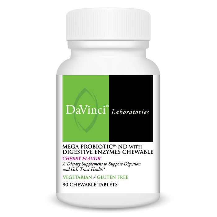 DaVinci Labs Mega Probiotic ND with Digestive Enzymes Cherry, 90 chewable tablets, front of bottle