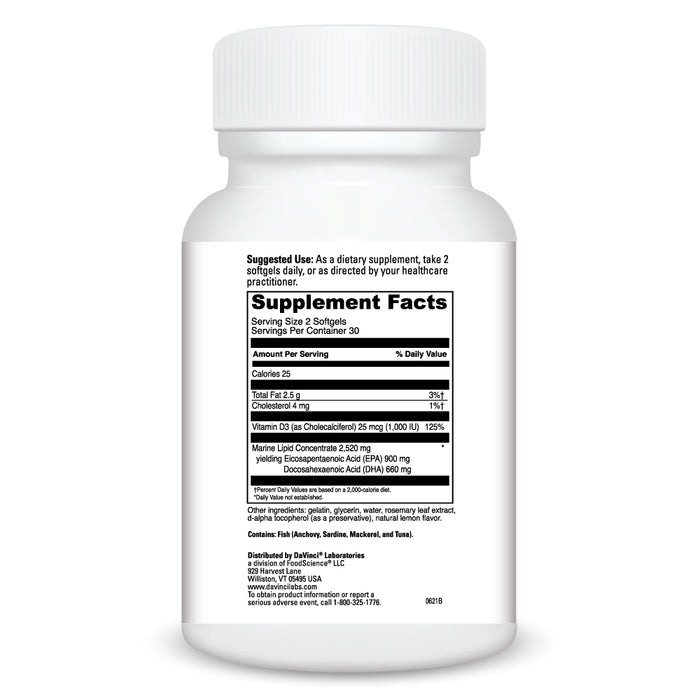DaVinci Labs Omega 3 HP-D 60 softgels supplement facts label