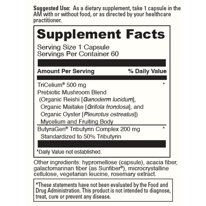 DaVinci Labs Prebiotic Mushroom Blend 60 capsules supplement facts label