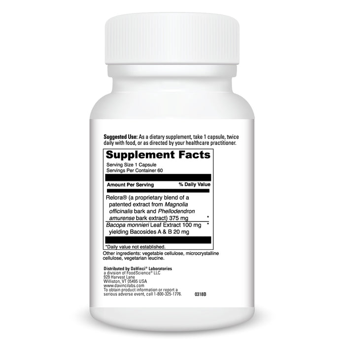 DaVinci Labs Relora with Bacopa 60 capsules supplement facts label