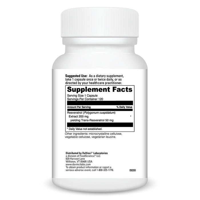 DaVinci Labs Resveratrol-50 120 capsules supplement facts label