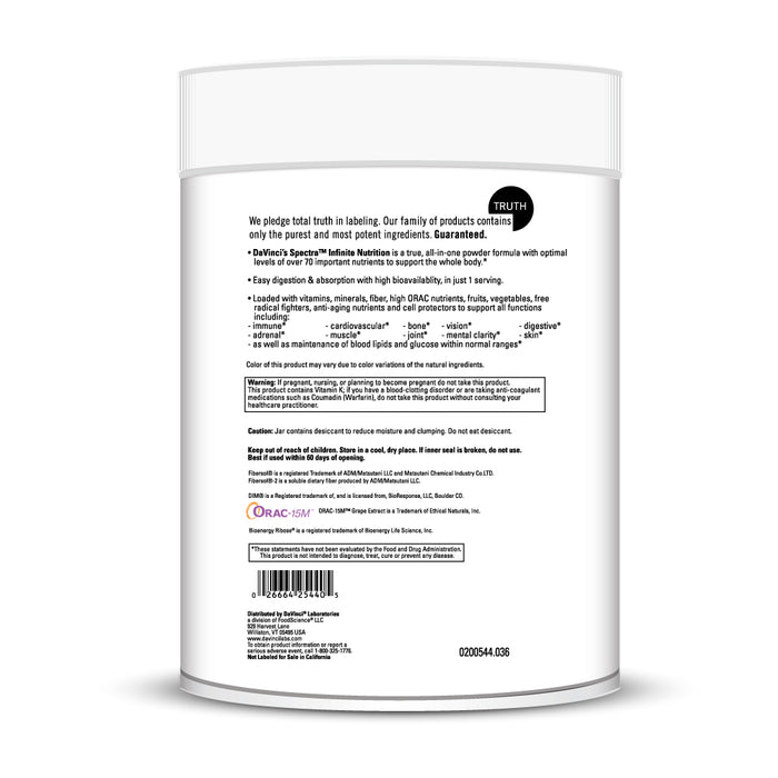 DaVinci Labs Spectra Infinite Nutrition 3.09 lb warnings label