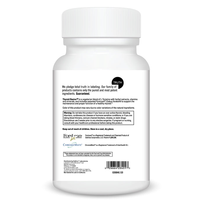 DaVinci Labs Thyroid Basics 120 capsules warnings label