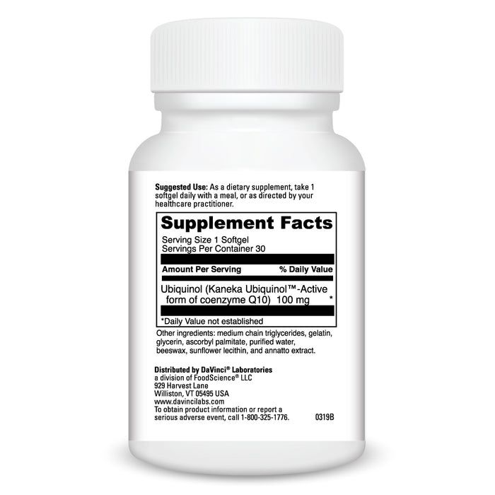 DaVinci Labs Ubiquinol 100 mg 30 softgels supplement facts label