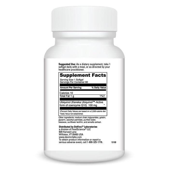DaVinci Labs Ubiquinol 100 mg 60 softgels supplement facts label
