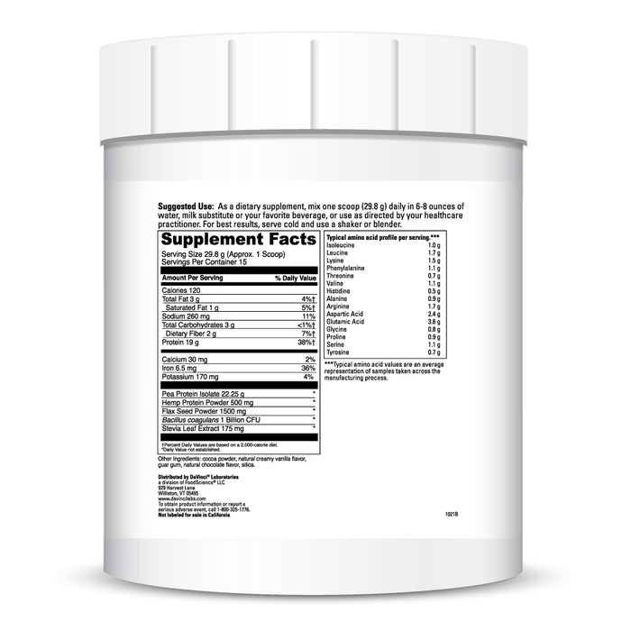 DaVinci Labs Vegan Protein Chocolate 15 servings supplement facts label