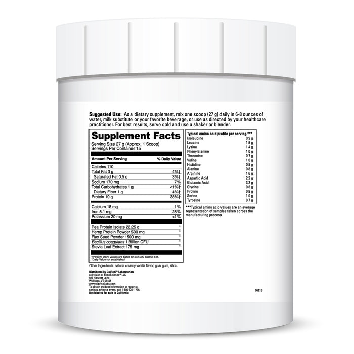 DaVinci Labs Vegan Protein Creamy Vanilla 15 servings supplement facts label
