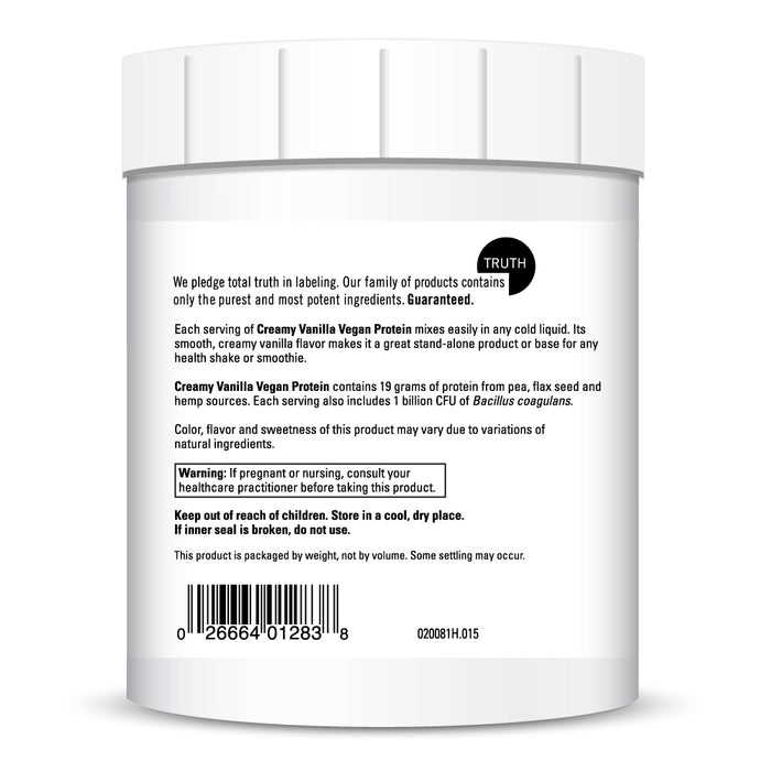 DaVinci Labs Vegan Protein Creamy Vanilla 15 servings warnings label