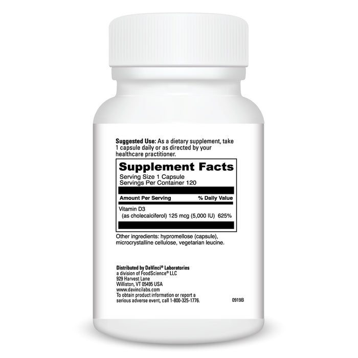 DaVinci Labs Vitamin D3 5,000 IU 120 capsules supplement facts label