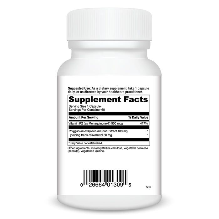 DaVinci Labs Vitamin K2+Resveratrol 60 capsules supplement facts label