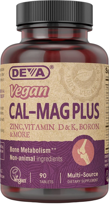 Deva Nutrition Vegan Cal-Mag Plus, 90 tablets, front of bottle