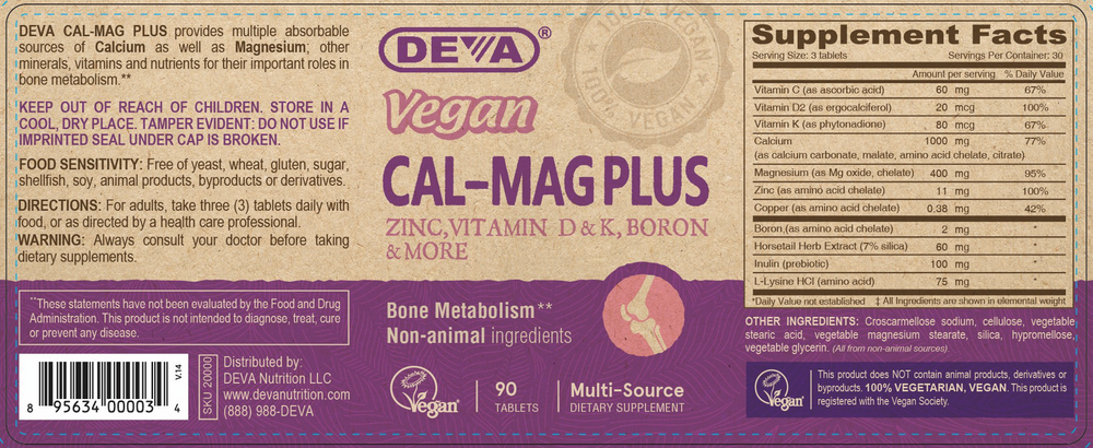 Deva Nutrition Vegan Cal-Mag Plus 90 tablets full label