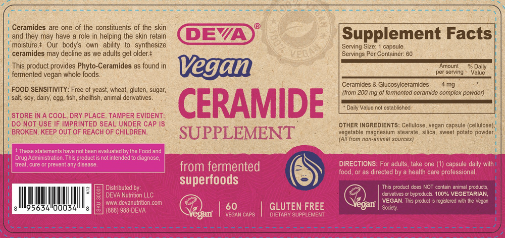 Deva Nutrition Vegan Ceramide Skin Supplement 60 capsules full label