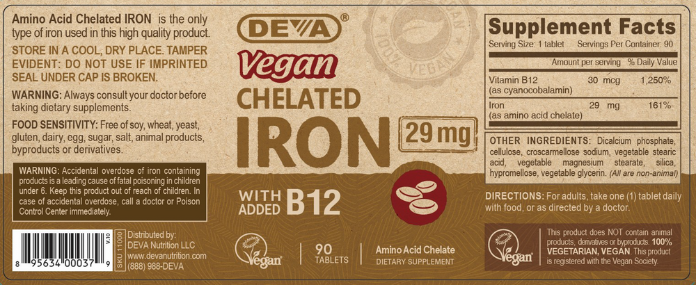 Deva Nutrition Vegan Chelated Iron 90 tablets full label