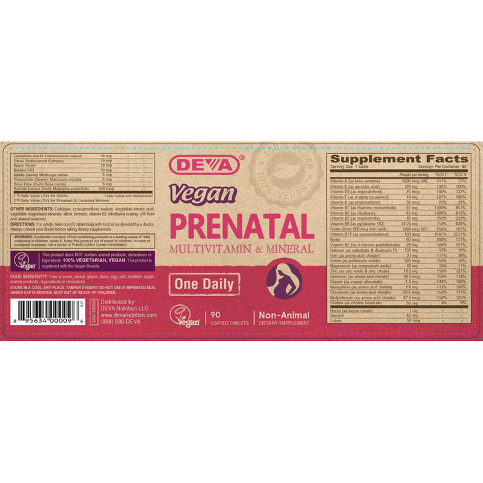 Deva Nutrition Vegan Prenatal Multivitamin 90 tablets full label