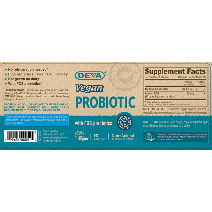 Deva Nutrition Vegan Probiotic with Prebiotic 90 capsules full label