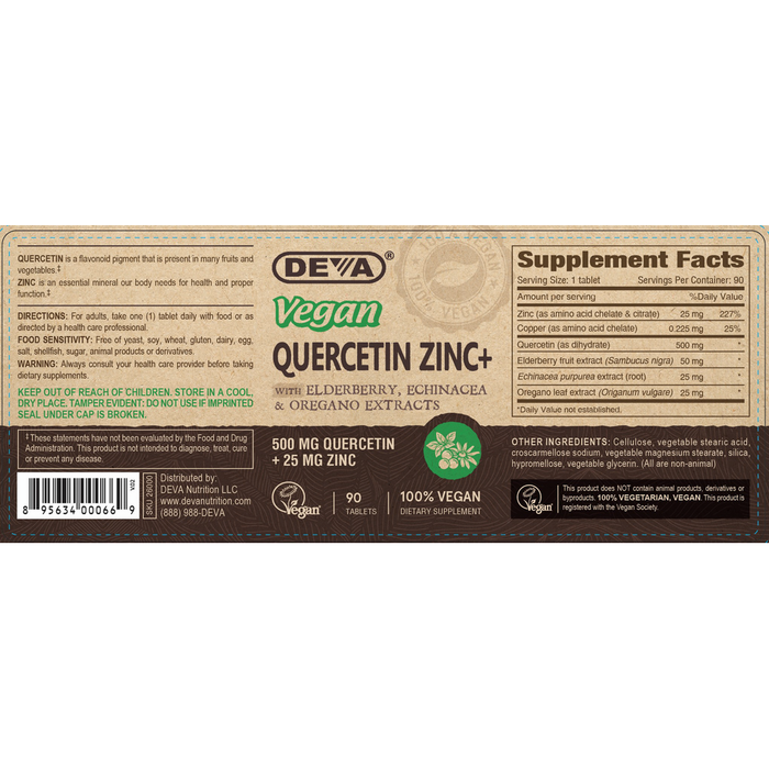 Deva Nutrition Vegan Quercetin Zinc+ 90 tablets full label