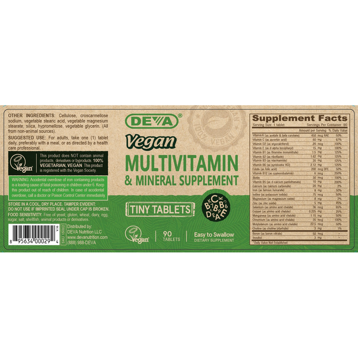 Deva Nutrition Vegan Tiny Tablets Multivitamin 90 tablets full label