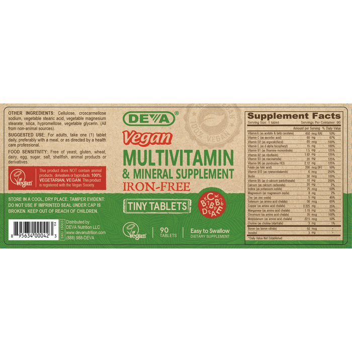 Deva Nutrition Vegan Tiny Tablets Multivitamin (Iron-Free) 90 tablets full label