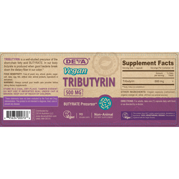 Deva Nutrition Vegan Tributyrin 90 capsules full label