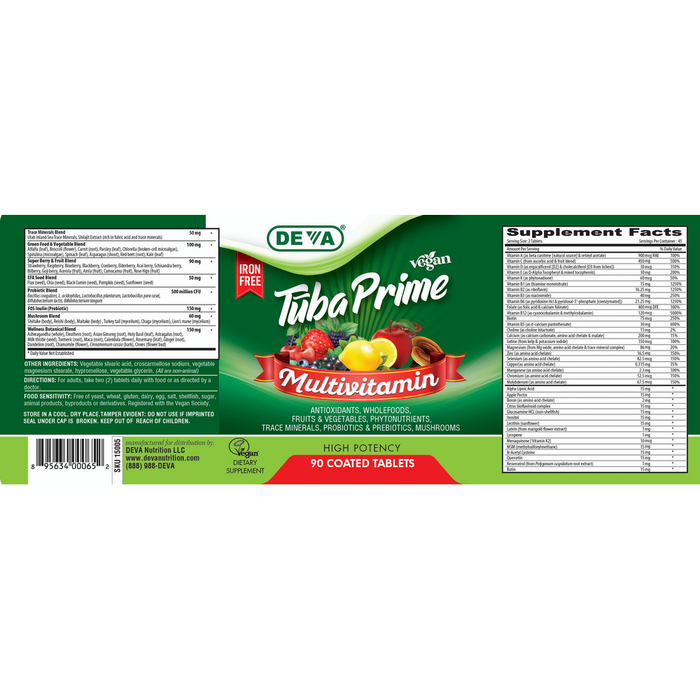 Deva Nutrition Vegan Tūba Prime Iron-Free 90 tablets full label