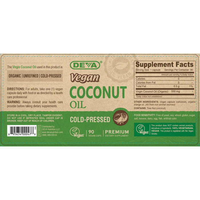 Deva Nutrition Vegan Virgin Coconut Oil 90 capsules full label
