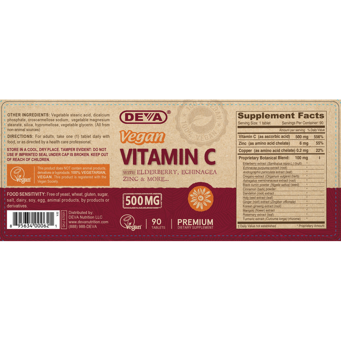Deva Nutrition Vegan Vitamin C 500 mg + Elderberry 90 tablets full label