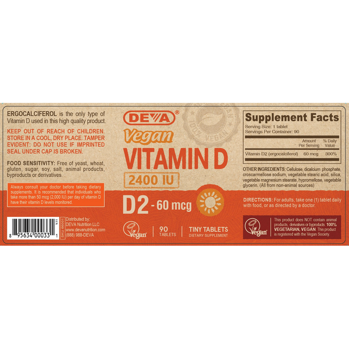 Deva Nutrition Vegan Vitamin D2 90 tablets full label